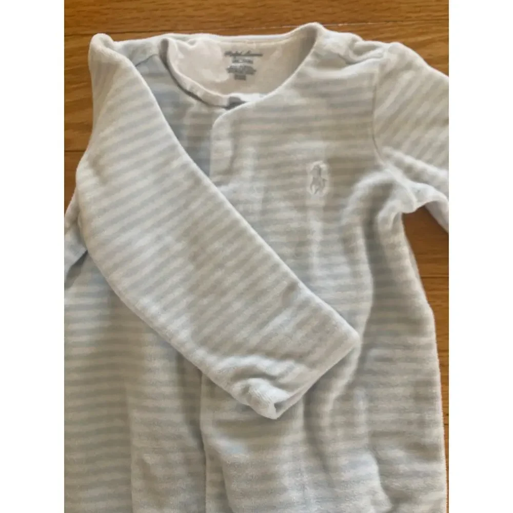 Ralph Lauren Blue Stripe Terry Cloth Velour Logo Baby Sleepsuit Footie 6 Mths